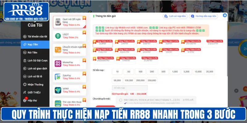 Quy trình thực hiện nạp tiền RR88 nhanh trong 3 bước