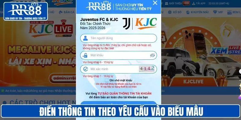 Truy cập trang web và điền thông tin đăng nhập RR88